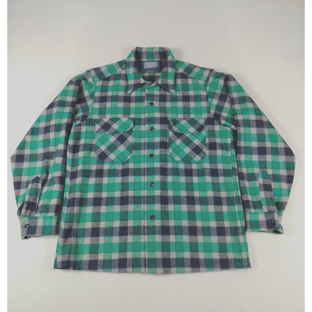 Vintage 60s/70s Pendleton Shirt‎ Men's Large Green Blue Wool Flannel Board Shirt